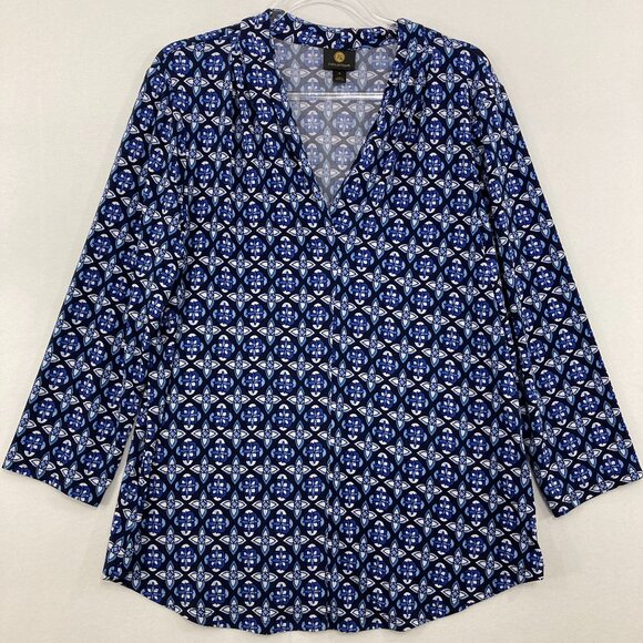 JM Collection XL Blue Black Floral Abstract Pattern Stretch Knit Top Office - Picture 1 of 9